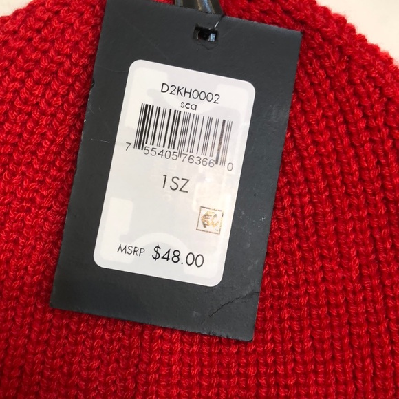 DKNY Ribbed Knit Cuffed Beanie Hat Color Scarlet Red Logo Accent OS NWT - Picture 4 of 15